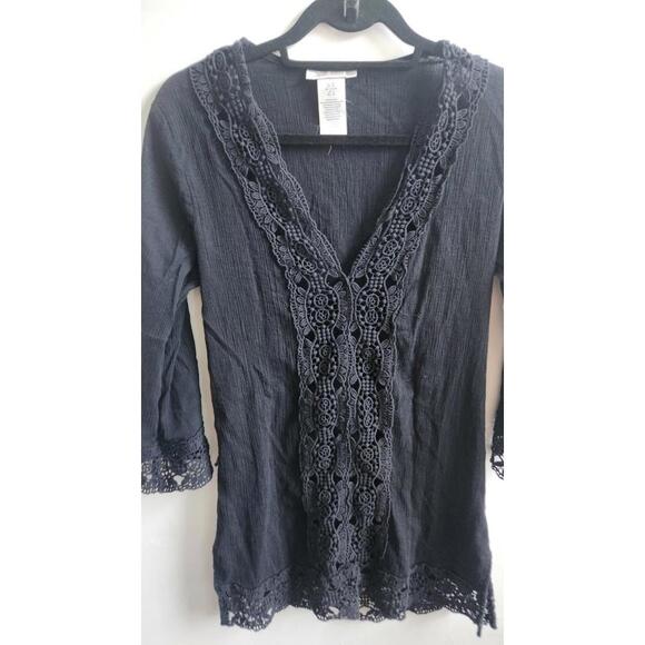 La Blanca Island Fare V Neck 3/4 Sleeve Cotton Tunic Black Swim Coverup Size XS - Picture 3 of 6